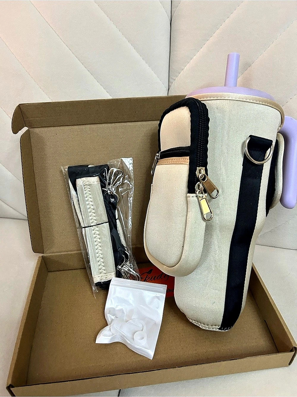 Xkudy Tumbler Holder with Strap Cream & Black NWT